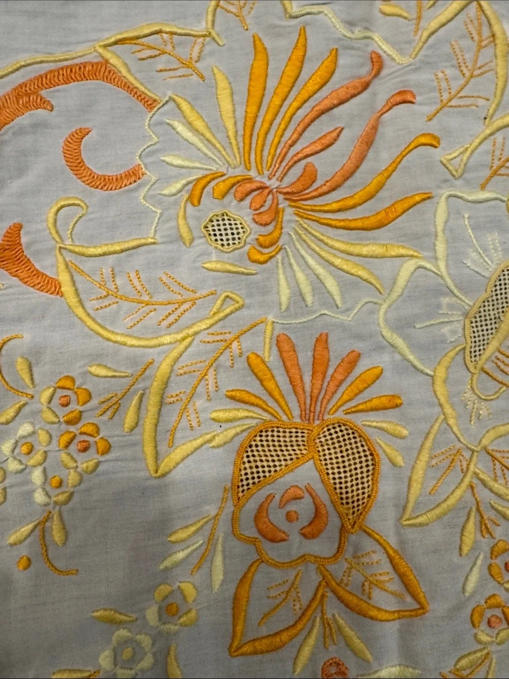 White vintage Tablecloth W/ Orange & Yellow Floral  Design. Size 114x64